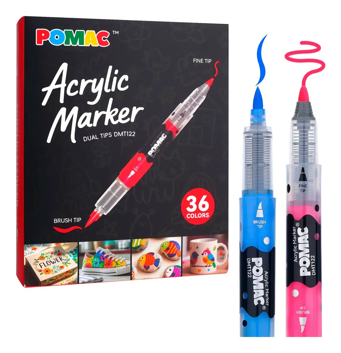 36 Colores Plumones Acrílicos Pomac Doble Punta Pincel Bala