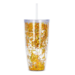 Vaso Transparente Con Diamantina Y Popote 700 Ml (Dorado)