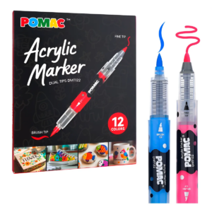 12 Colores Plumones Acrílicos Pomac Doble Punta Pincel Bala